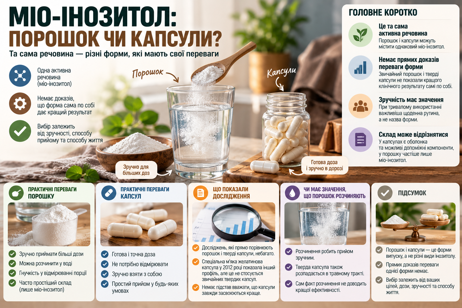 Myo-inositol in powder and capsules - comparison of dosage, practicality and release form
