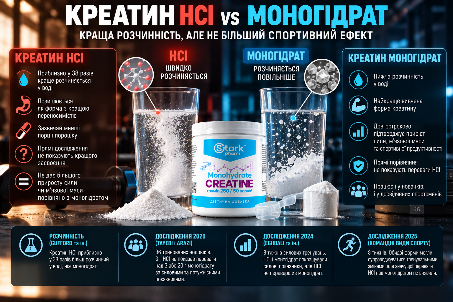 Креатин HCl проти моногідрату — порівняння сили, м'язової маси та переносимості