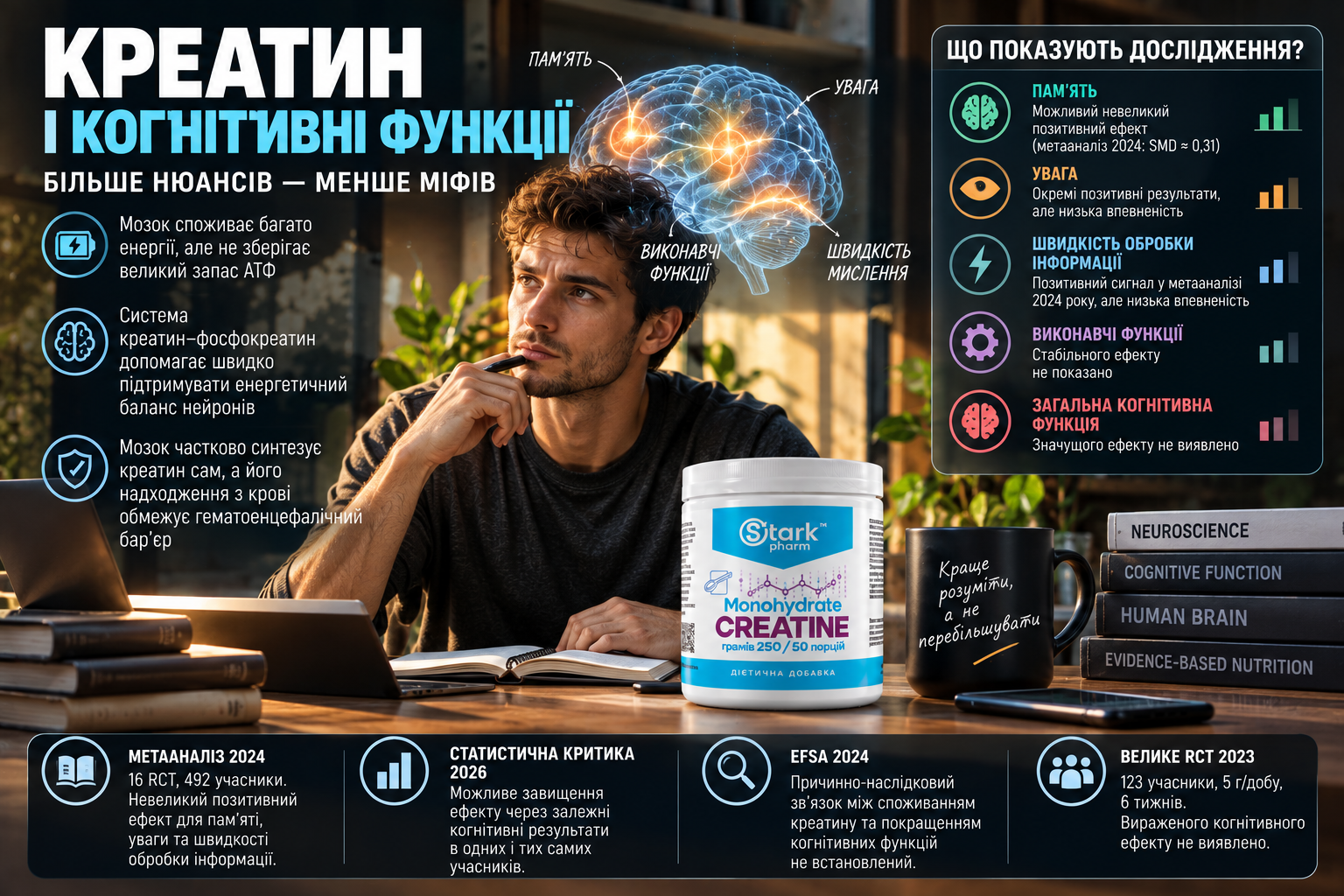Креатин і когнітивні функції — результати досліджень пам'яті, уваги та роботи мозку