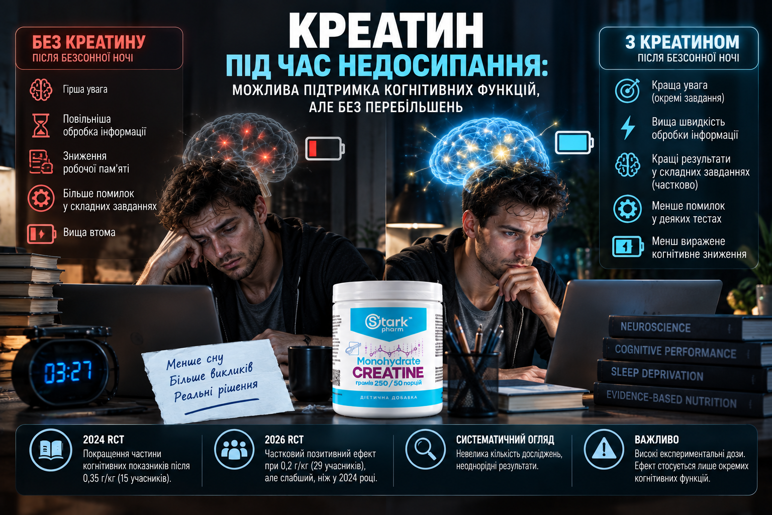 Креатин при недосипанні — вплив на енергетичний обмін мозку, увагу та когнітивну продуктивність
