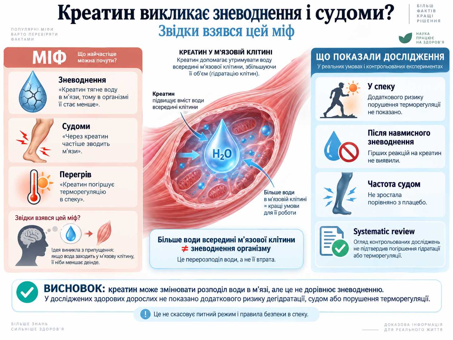 Креатин, обезвоживание и судороги — повышает ли добавка риск дегидратации и перегрева