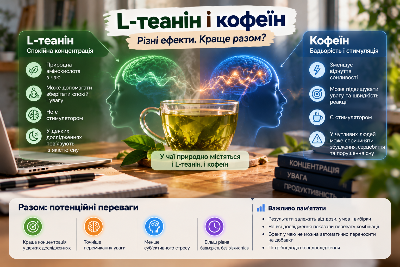L-теанін і кофеїн разом — ефективність, співвідношення компонентів та обмеження досліджень