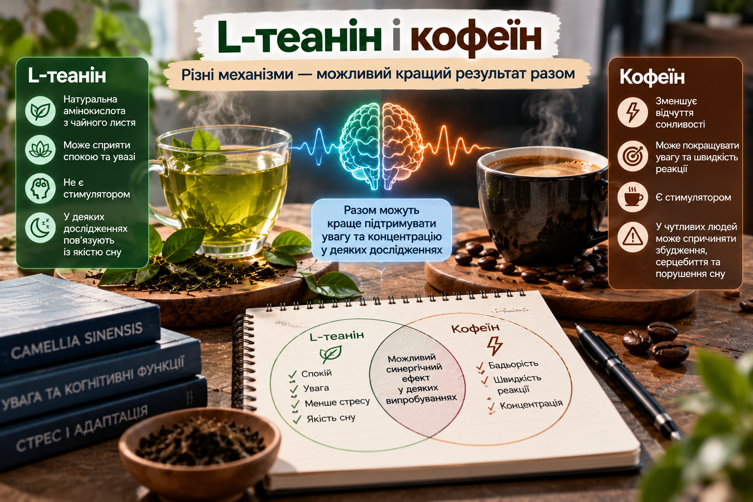 L-теанін і кофеїн — досліджена комбінація для уваги, концентрації та когнітивних функцій