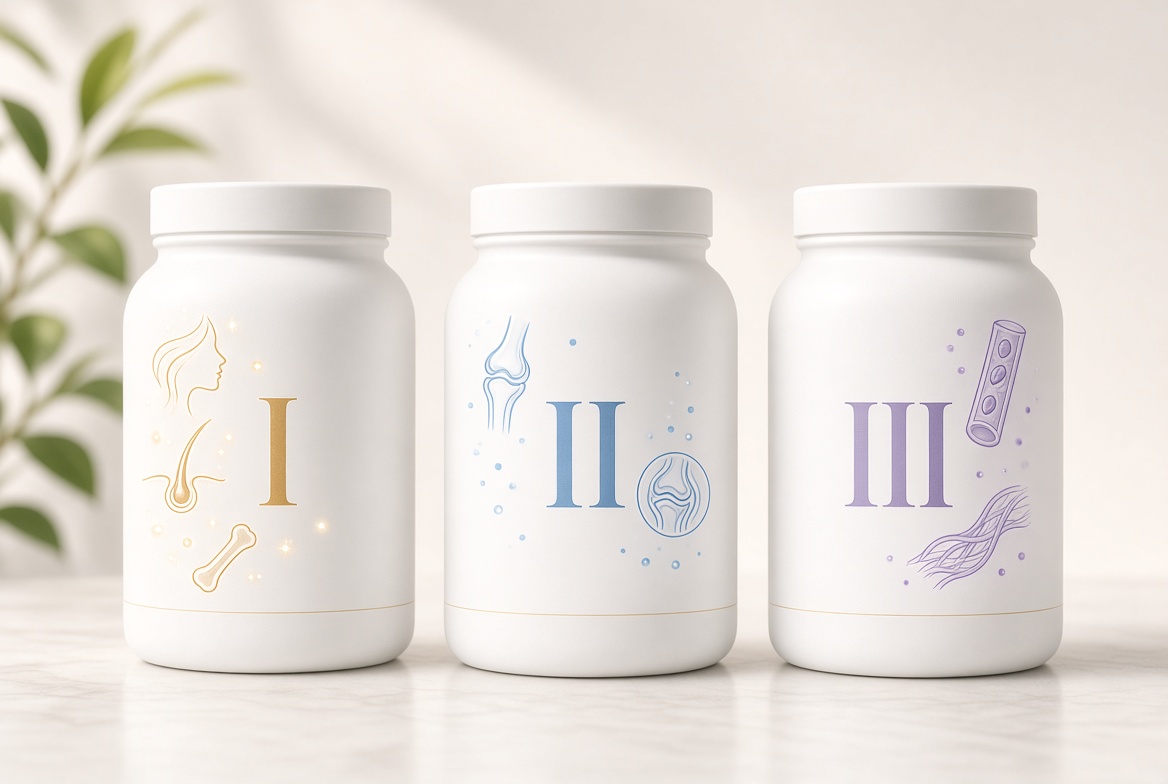 Колаген I, II та III типу — шкіра, кістки, хрящі та сполучні тканини