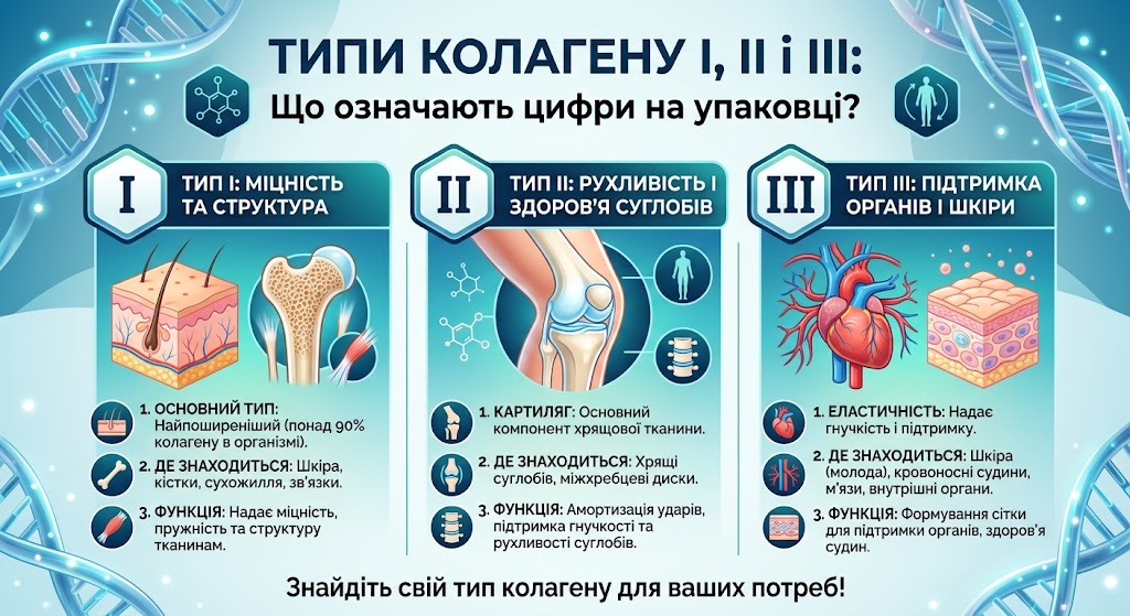 Типи колагену I, II і III — відмінності, джерела та роль у тканинах організму